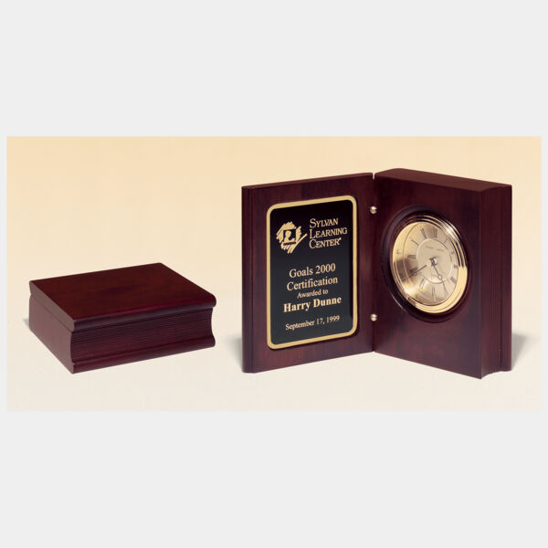 5 3/8" x 4 1/4" Hand Rubbed Finish Book Clock w/ Spun Dial, 3 Hand Movement, Plate Thumbnail