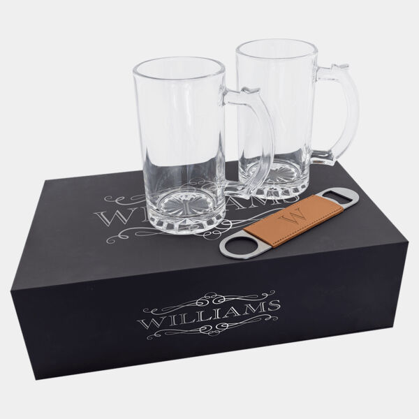 Lazerburst Beer Set with Two 14 oz. Mugs and One Laserable Leatherette Bottle Opener Thumbnail