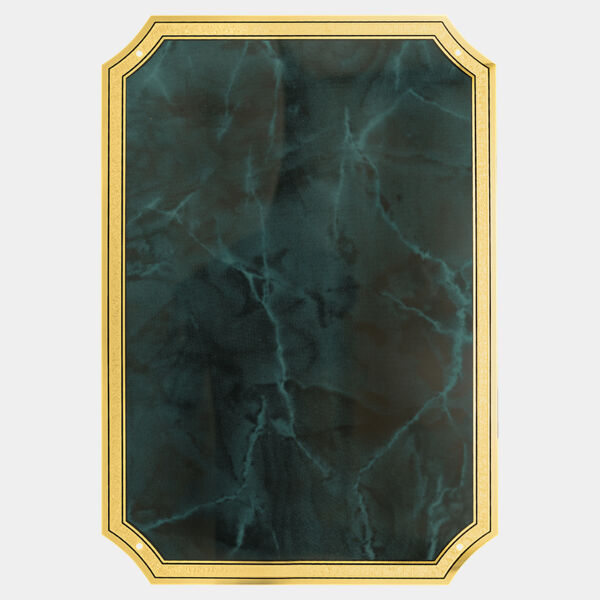 6" x 8 1/2" Emerald Marble Brass Plated Steel Plate with Four Holes, Notched Corners, and Florentine Design Border Thumbnail